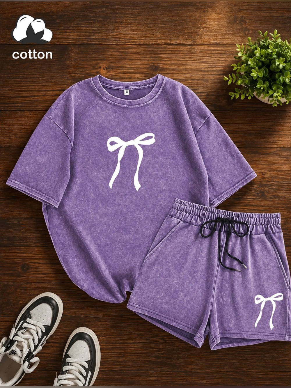 Vintage Mineral Wash Purple Bow Print Cotton Loungewear Set New Boutique